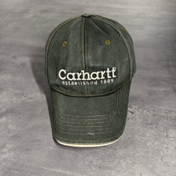 Vintage Carhartt Hat Green White Dennim Canvas Dad Cap Adjust Strap Work Chore - Picture 1 of 7